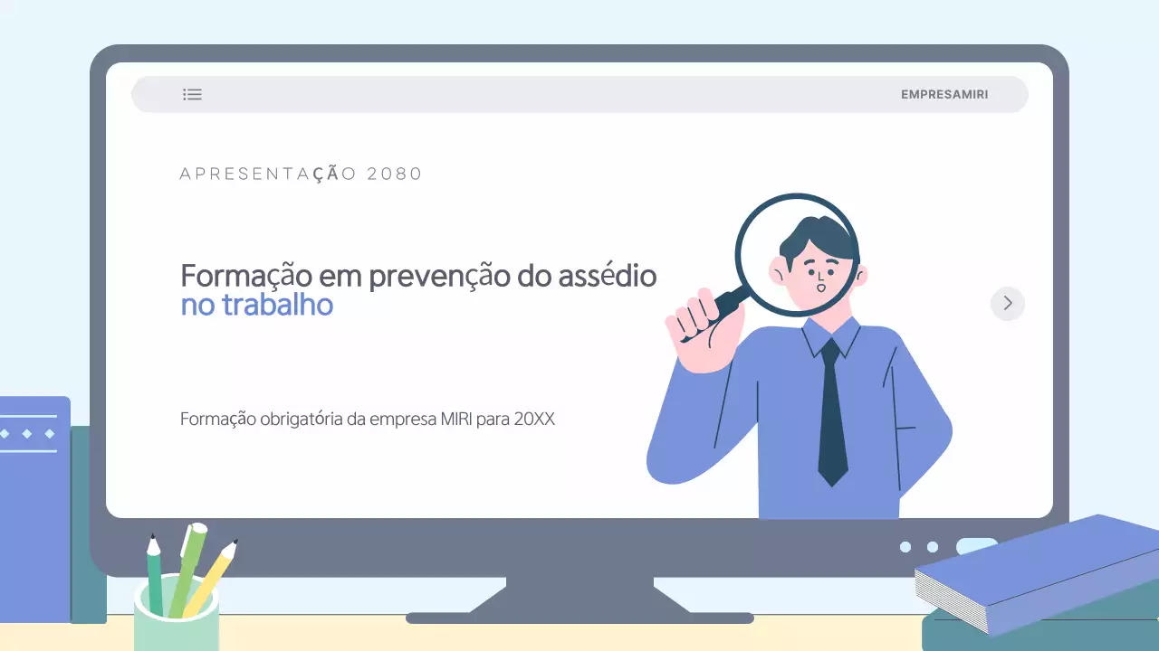 Materiais de formação simples e azuis claros sobre a prevenção do assédio no local de trabalho