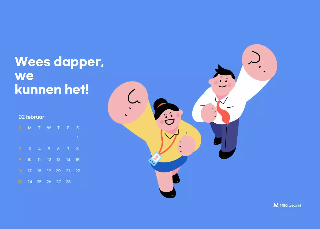 Motiverende kalender met energieke illustraties en positieve citaten op een lichtblauwe achtergrond