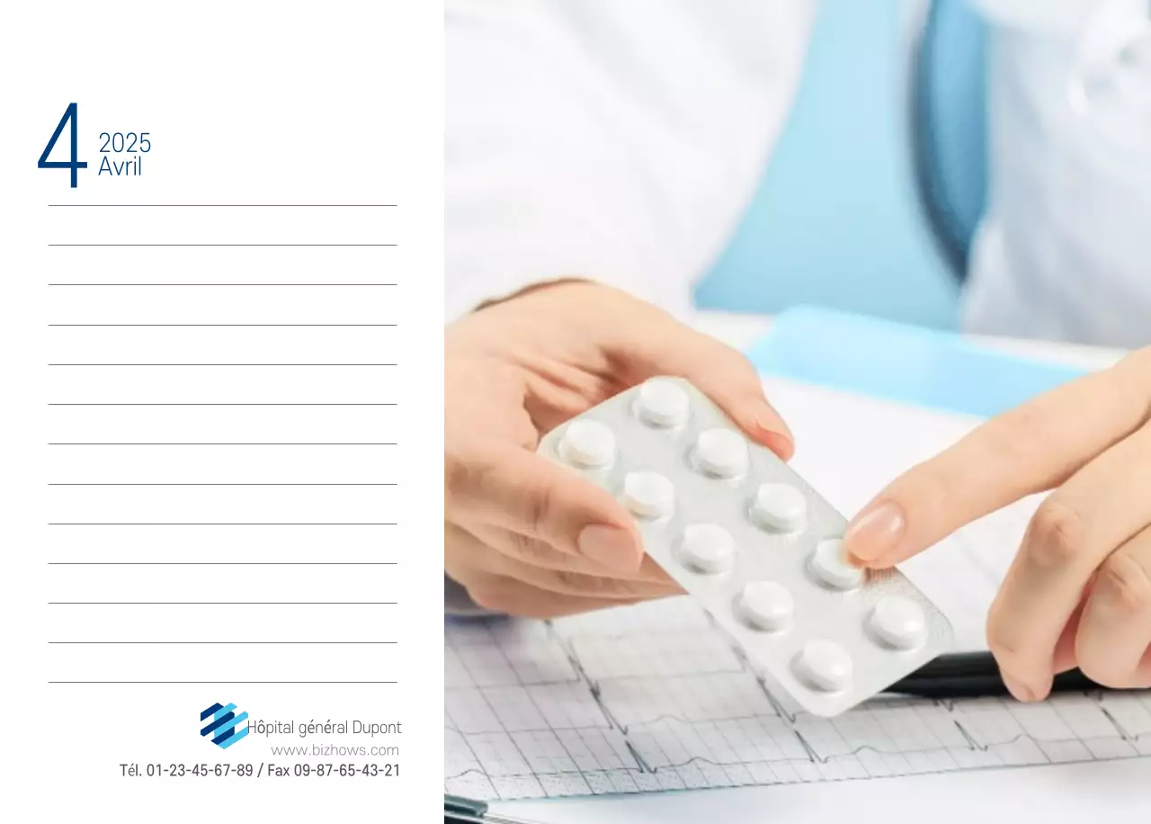 Calendrier promotionnel d'hôpital simple blanc marine