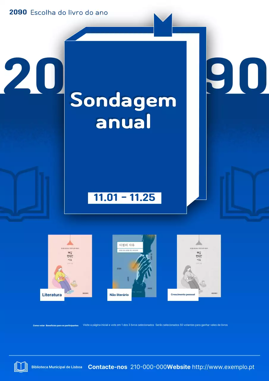 Um anúncio de votação do Livro do Ano em azul e branco