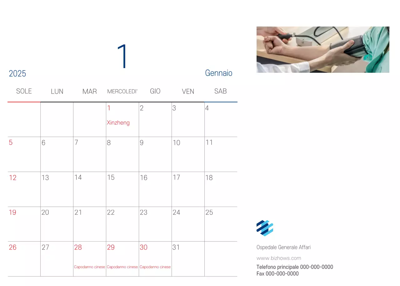 Calendario promozionale dell'ospedale semplice, bianco e blu