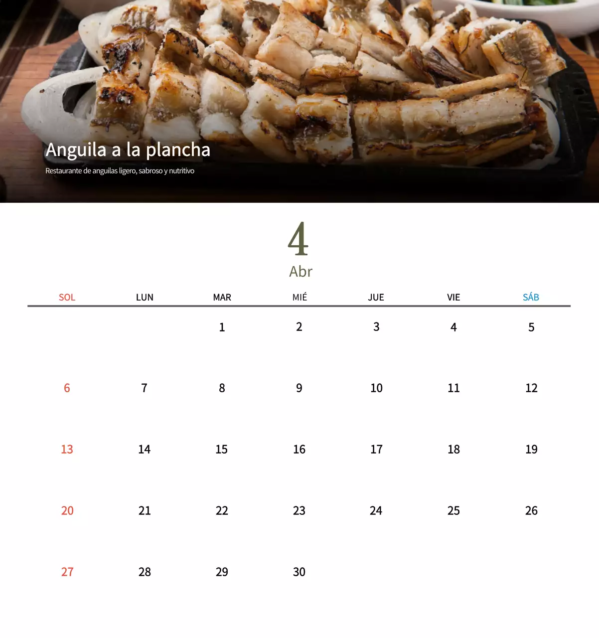 Calendario de comidas tradicionales en beige