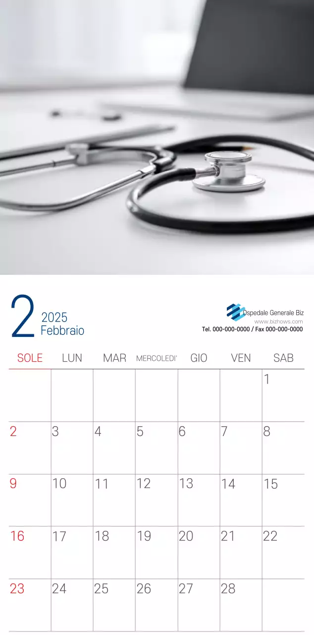 Calendario promozionale dell'ospedale semplice, bianco e blu