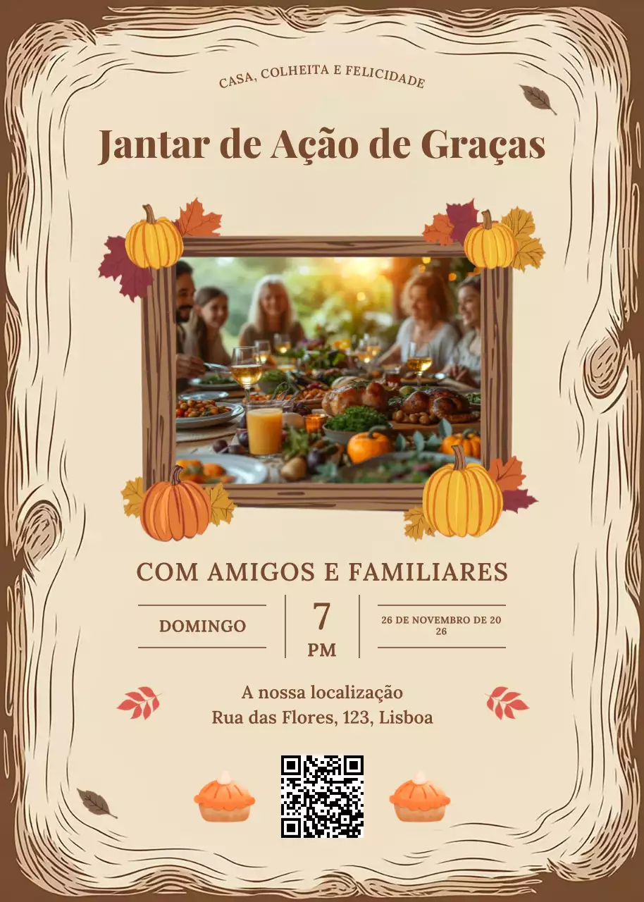 Convite rústico castanho para o jantar de Ação de Graças