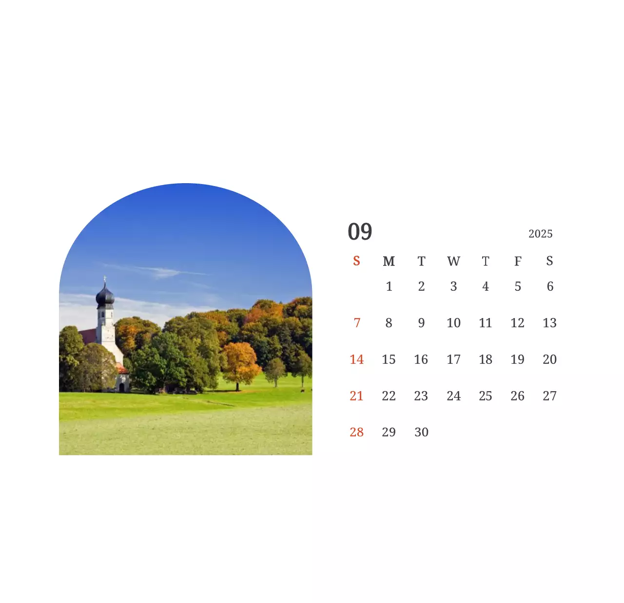 Un calendario conceptual fotográfico con iglesias pintadas en paisajes