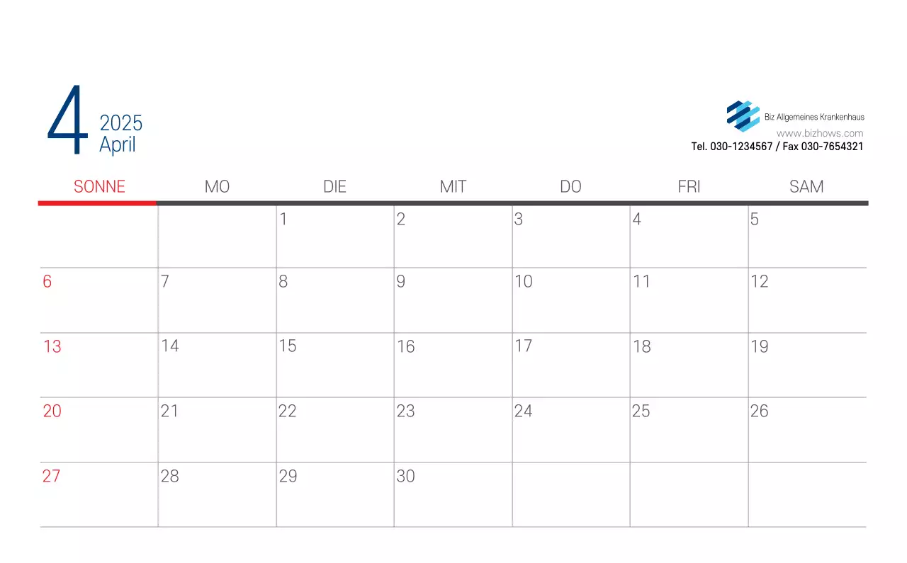 Marineblauer einfacher Krankenhaus-Werbekalender