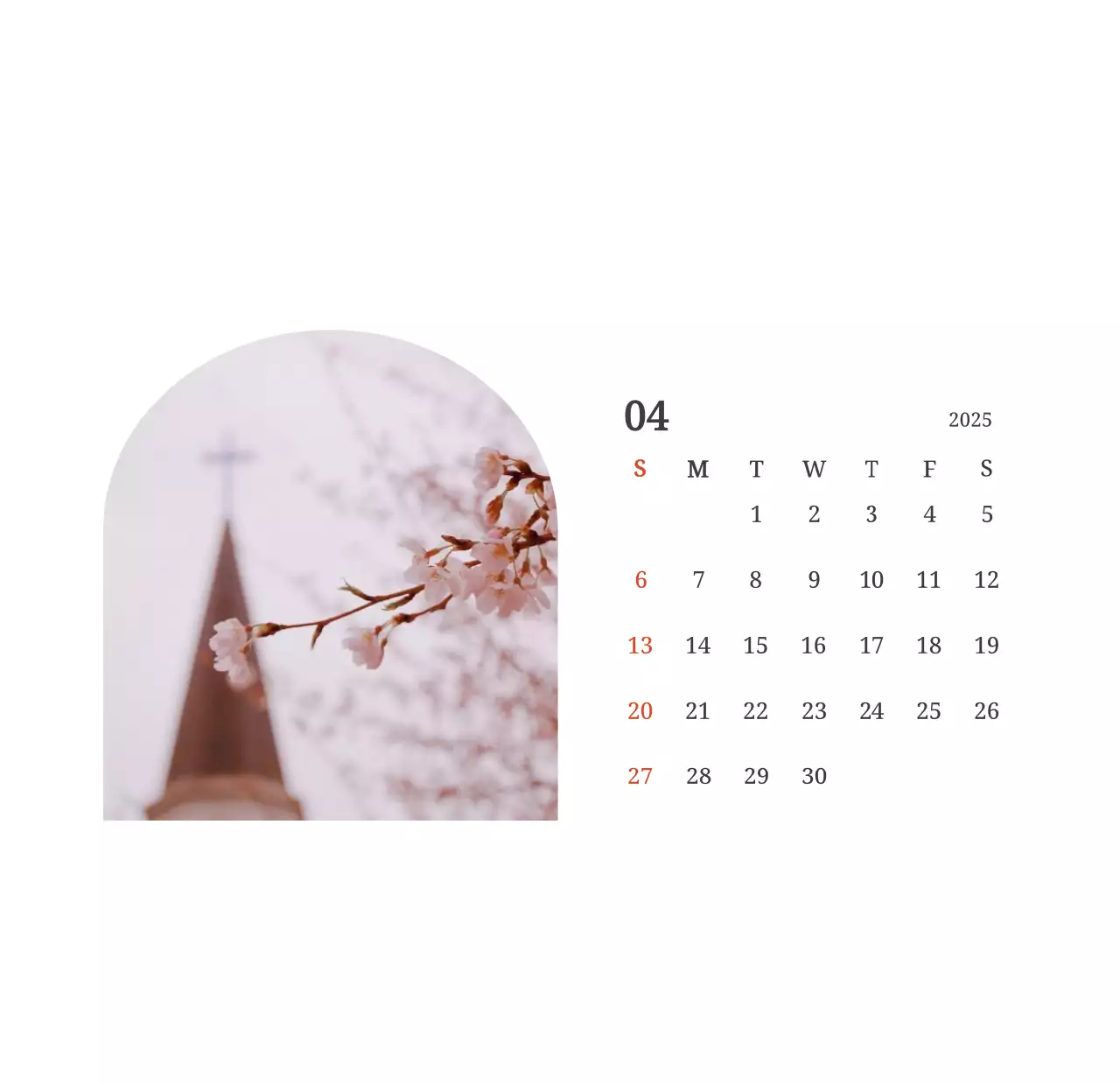 Kalender konsep fotografis yang menampilkan gereja dalam lukisan lanskap