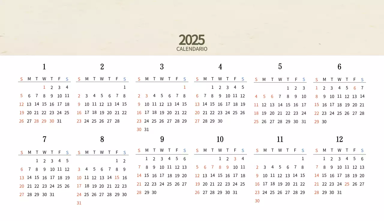 Calendario de comidas tradicionales en beige