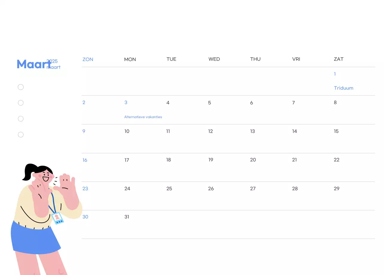 Motiverende kalender met energieke illustraties en positieve citaten op een lichtblauwe achtergrond