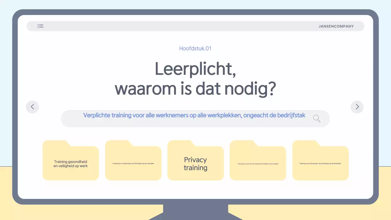 Eenvoudig, lichtblauw trainingsmateriaal voor preventie van intimidatie op de werkplek