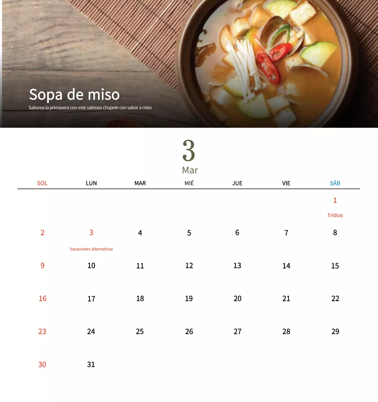 Calendario de comidas tradicionales en beige