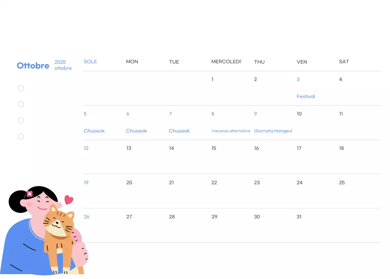 Calendario motivazionale con illustrazioni energetiche e citazioni positive su sfondo azzurro