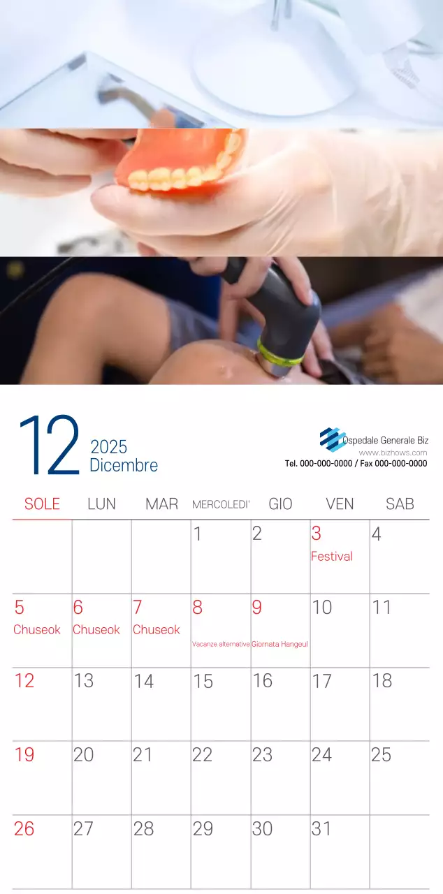 Calendario promozionale dell'ospedale semplice, bianco e blu