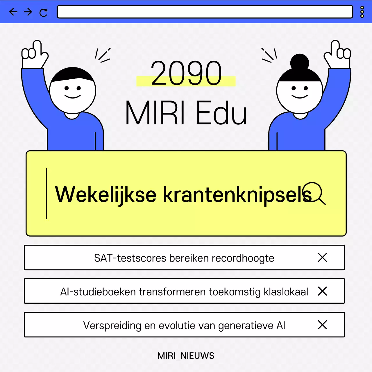 Een kitscherig wekelijks nieuwsbulletin in geel en blauw