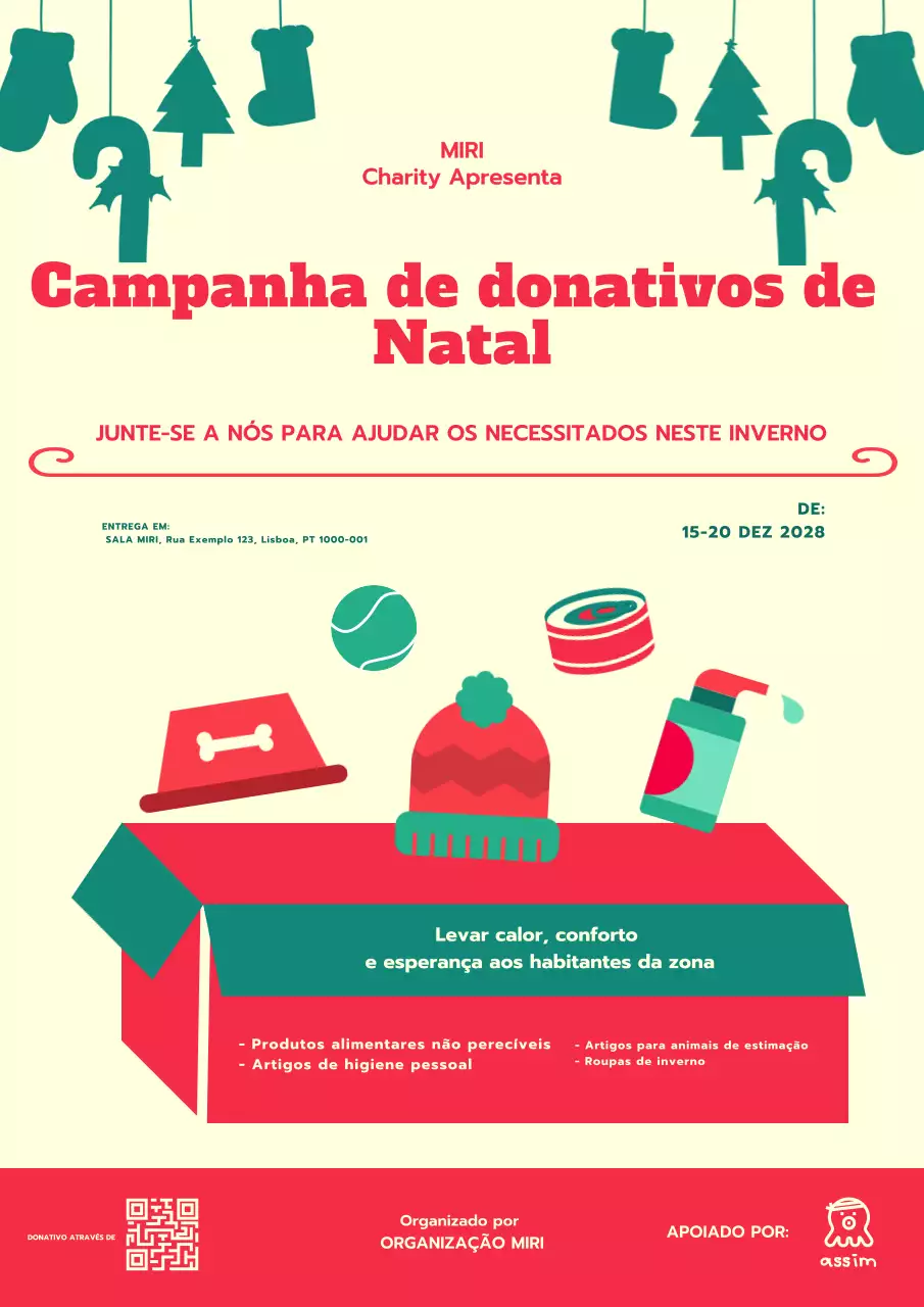 Cartaz de Natal moderno amarelo vermelho para recolha de donativos