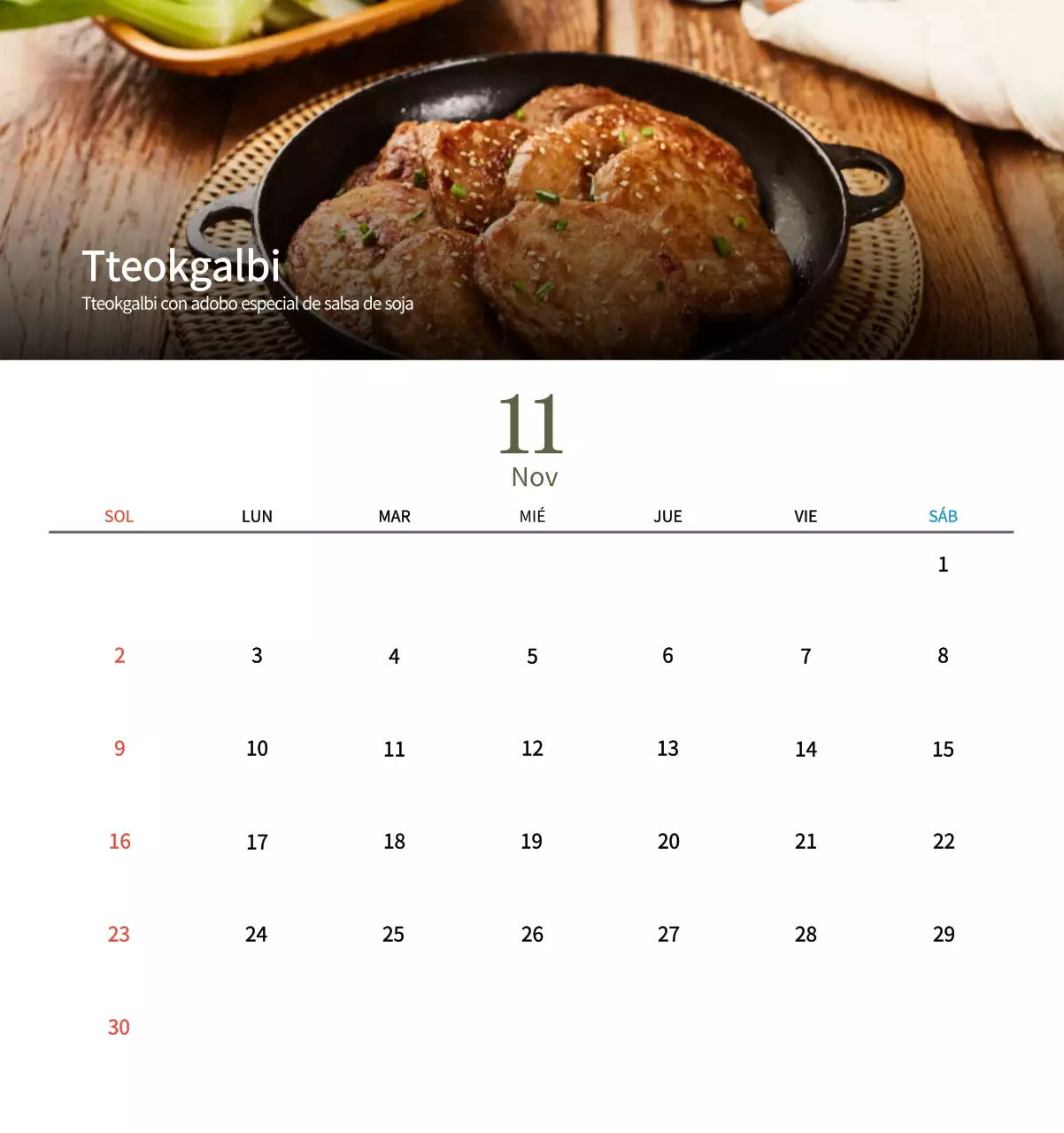 Calendario de comidas tradicionales en beige