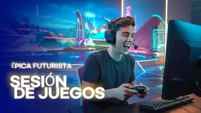 Anuncio futurista azul sobre juegos