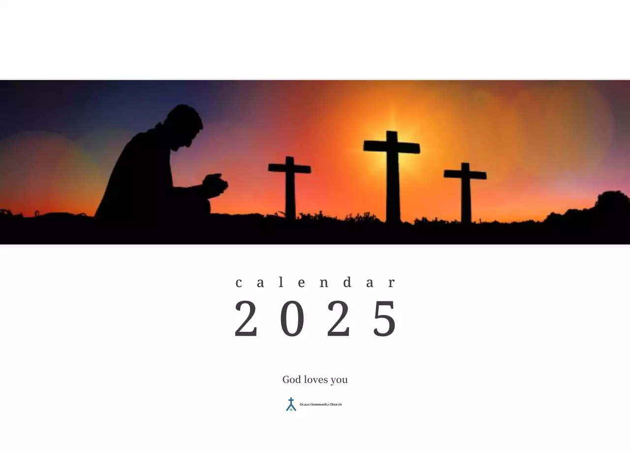 Kalender konsep fotografis yang menampilkan gereja dalam lukisan lanskap