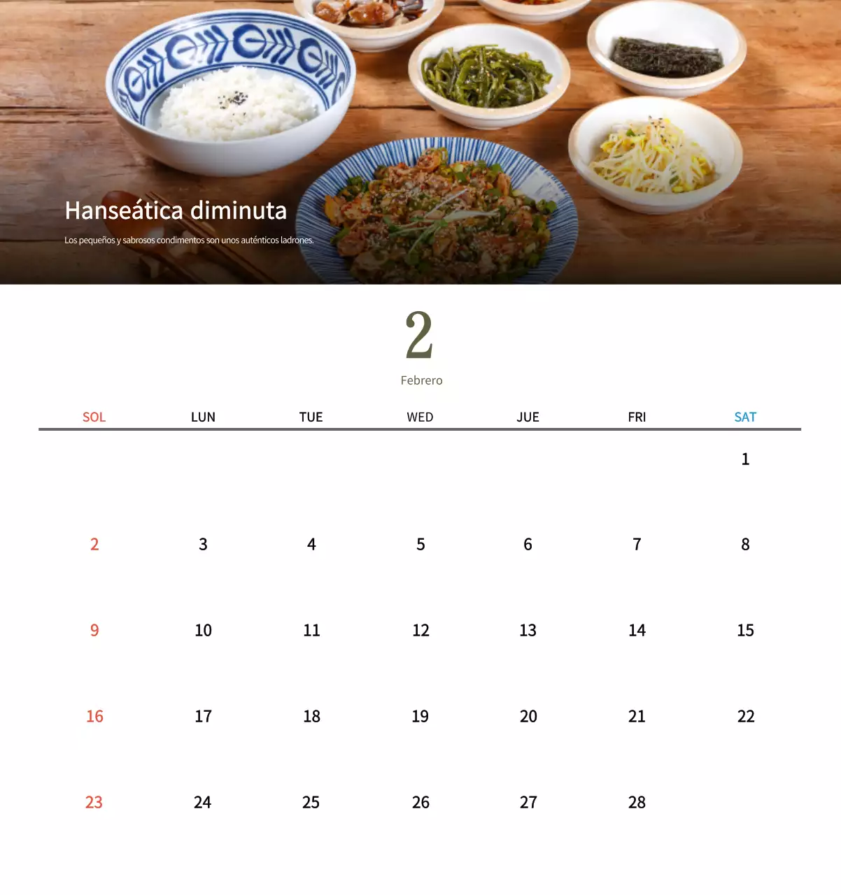 Calendario de comidas tradicionales en beige