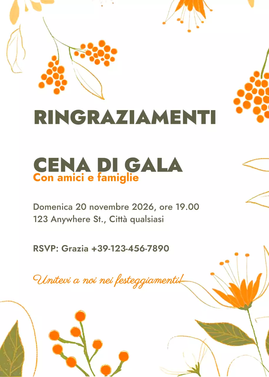 Invito al Ringraziamento floreale bianco arancio
