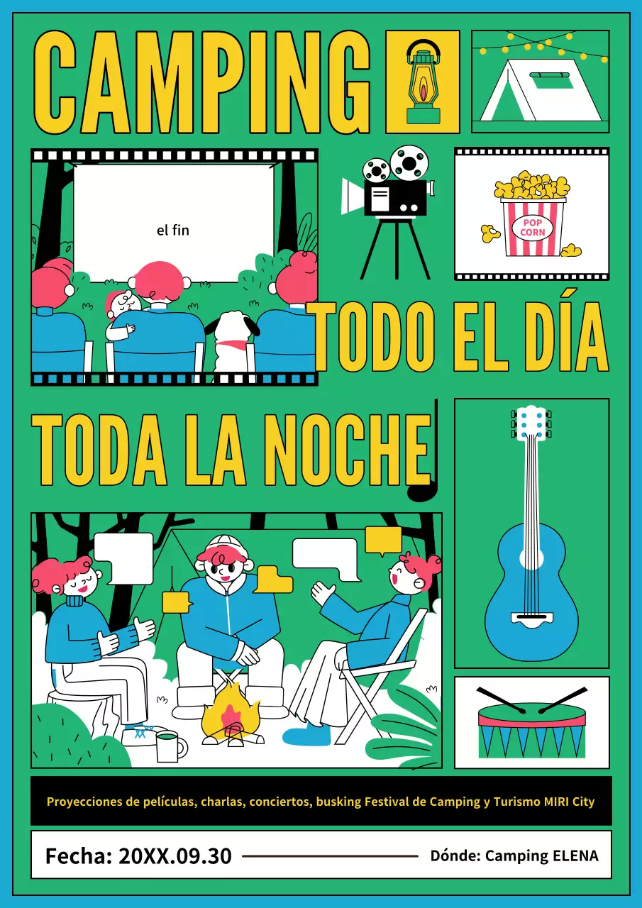 Promover un festival de camping verde y colorido