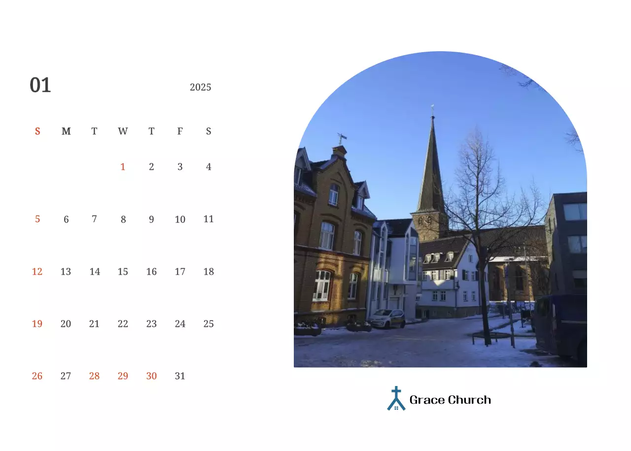 Kalender konsep fotografis yang menampilkan gereja dalam lukisan lanskap
