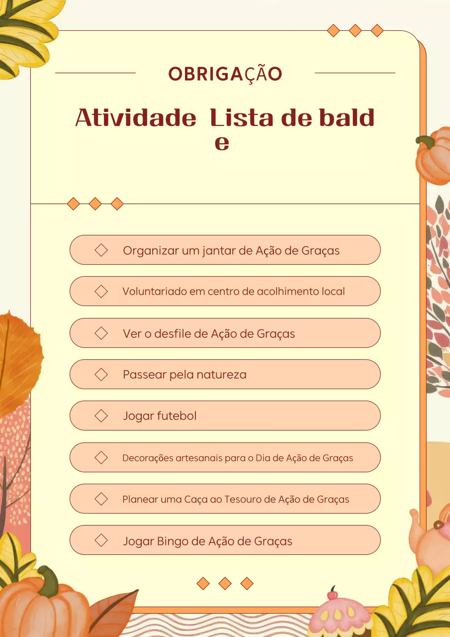 Planeador moderno laranja e bege da lista de actividades do Dia de Ação de Graças