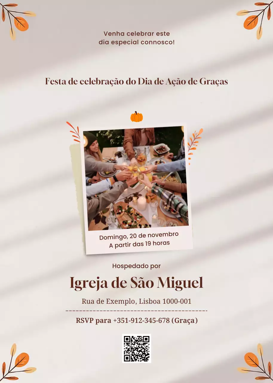 Convite clássico bege para a celebração do Dia de Ação de Graças
