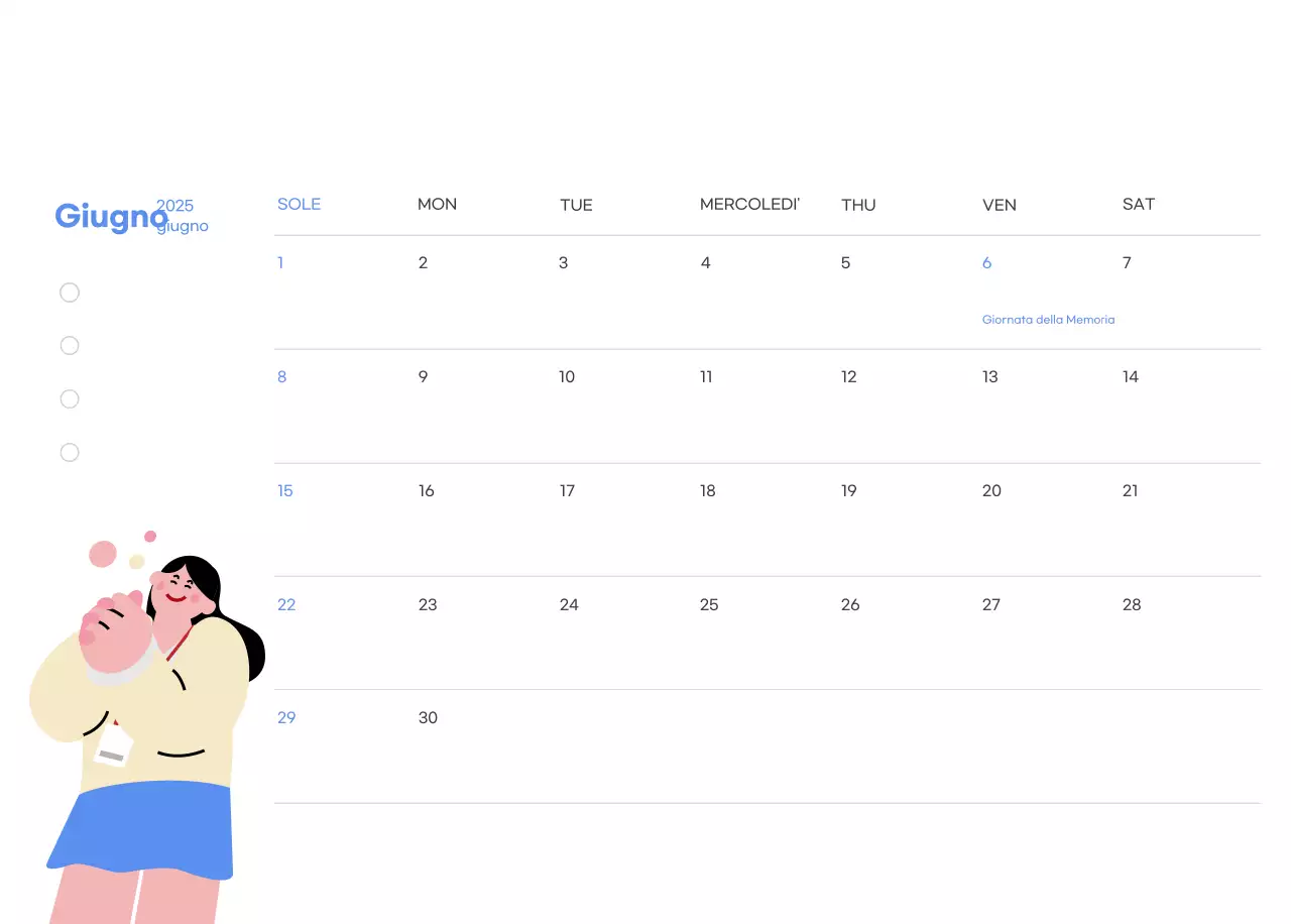 Calendario motivazionale con illustrazioni energetiche e citazioni positive su sfondo azzurro