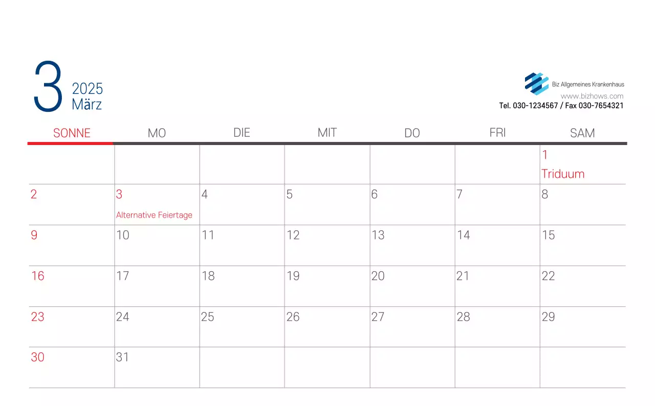 Marineblauer einfacher Krankenhaus-Werbekalender