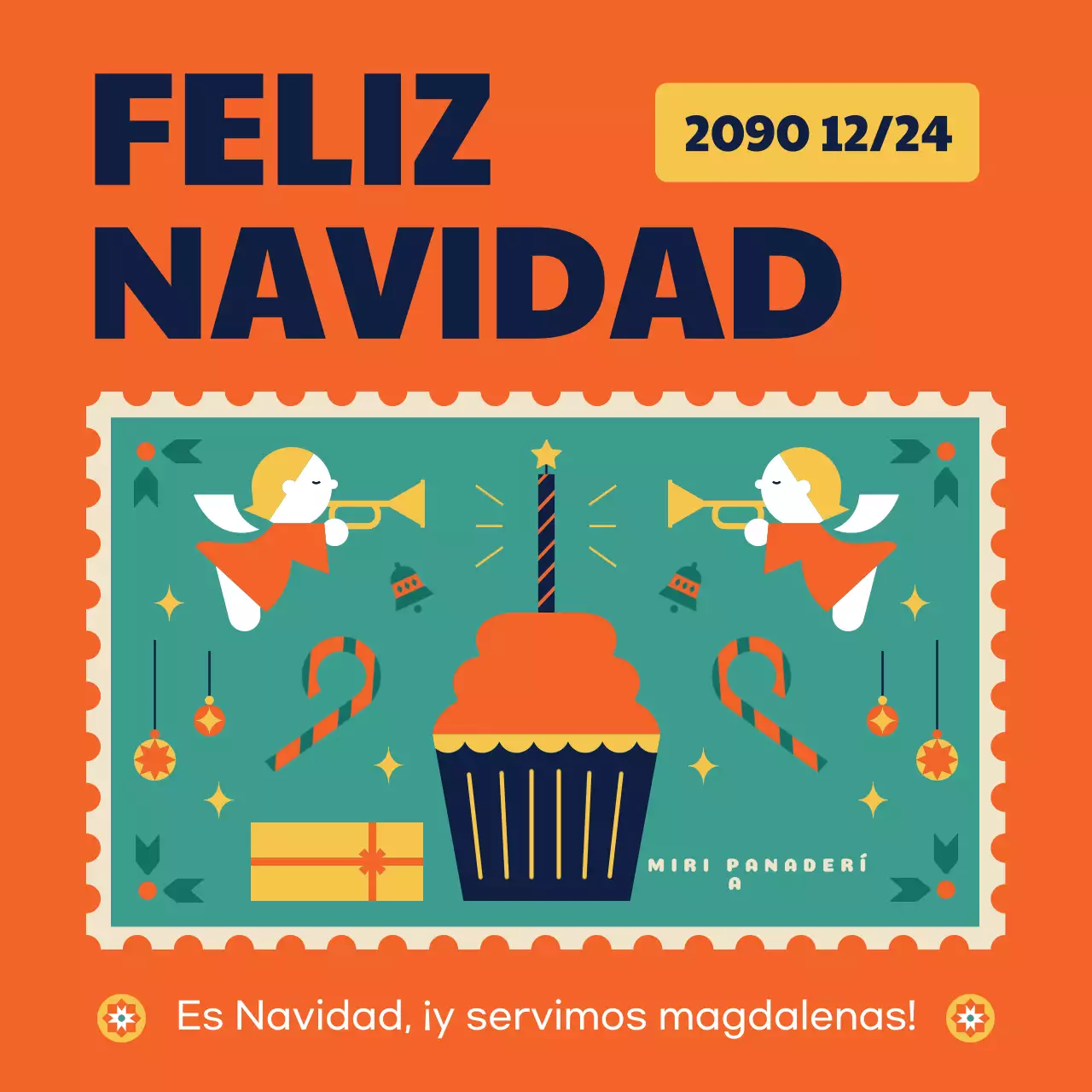 Anuncio naranja y amarillo del evento navideño de la empresa