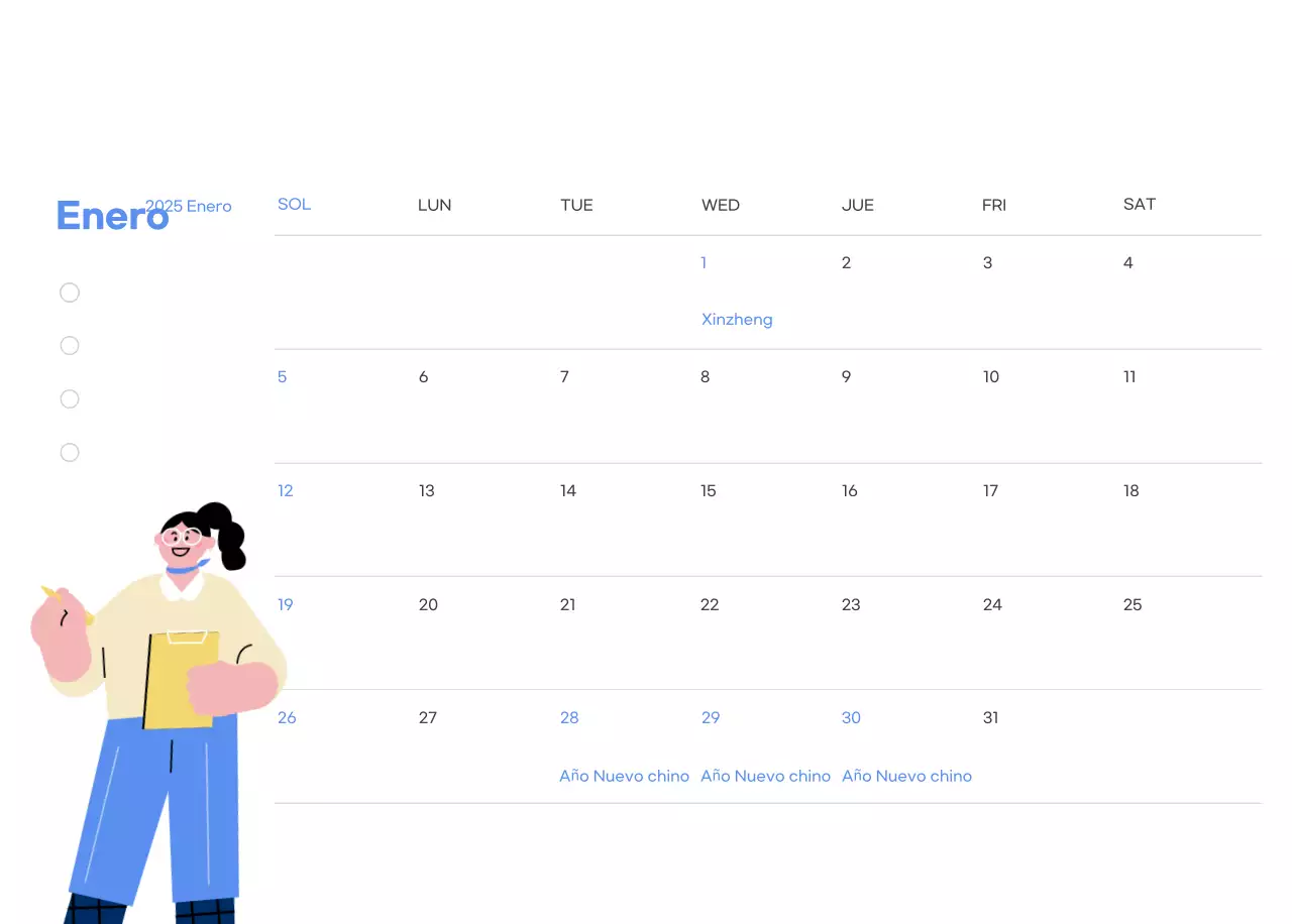 Calendario motivacional con ilustraciones llenas de energía y citas positivas sobre fondo azul claro