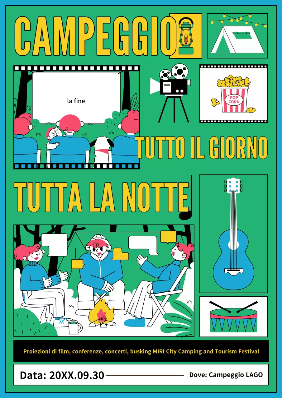 Promuovere un festival del campeggio verde e colorato