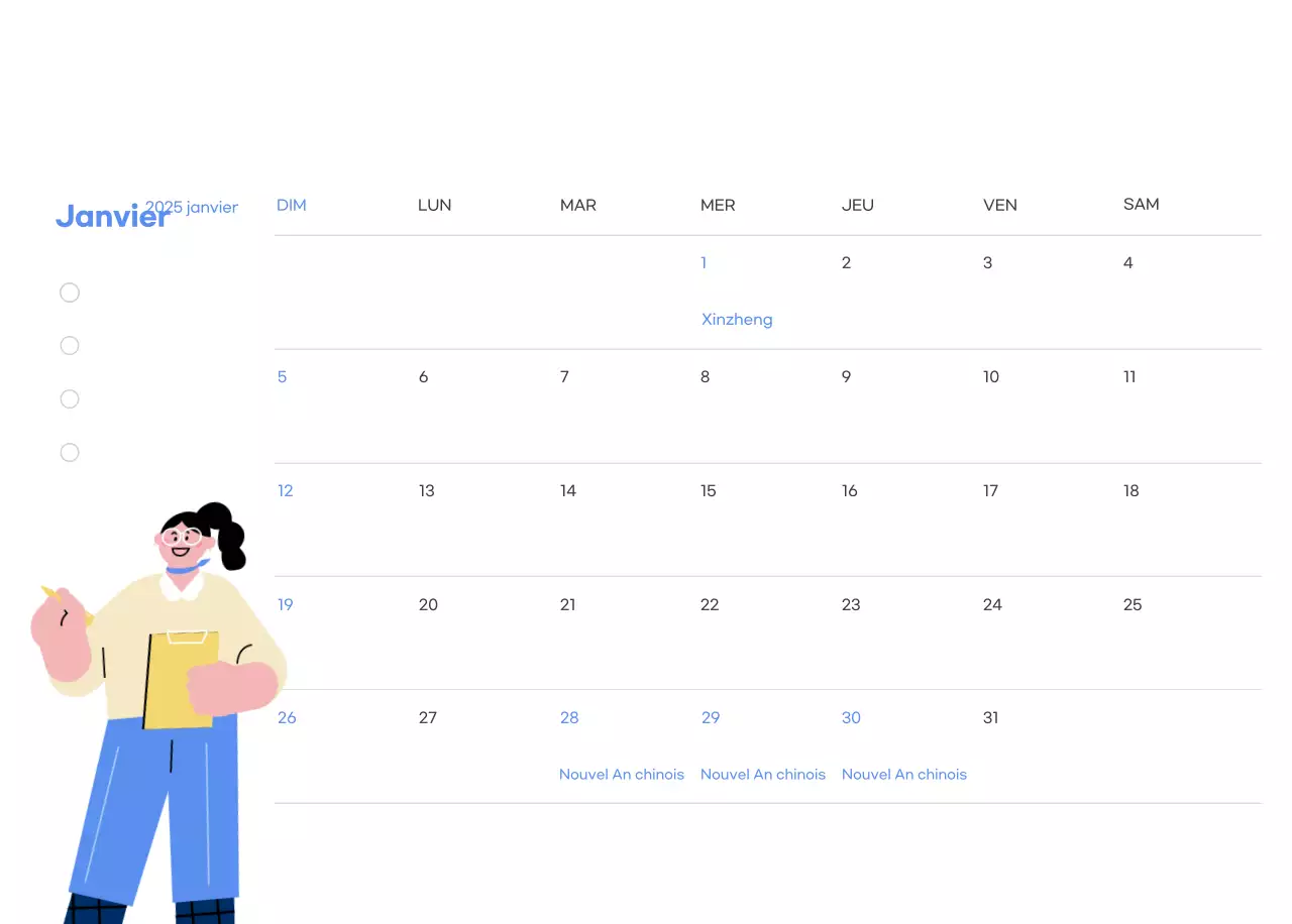 Calendrier de motivation avec des illustrations énergiques et des citations positives sur un fond bleu clair