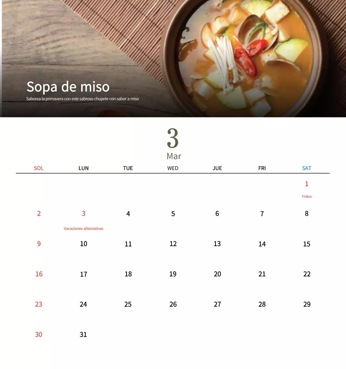 Calendario de comidas tradicionales en beige