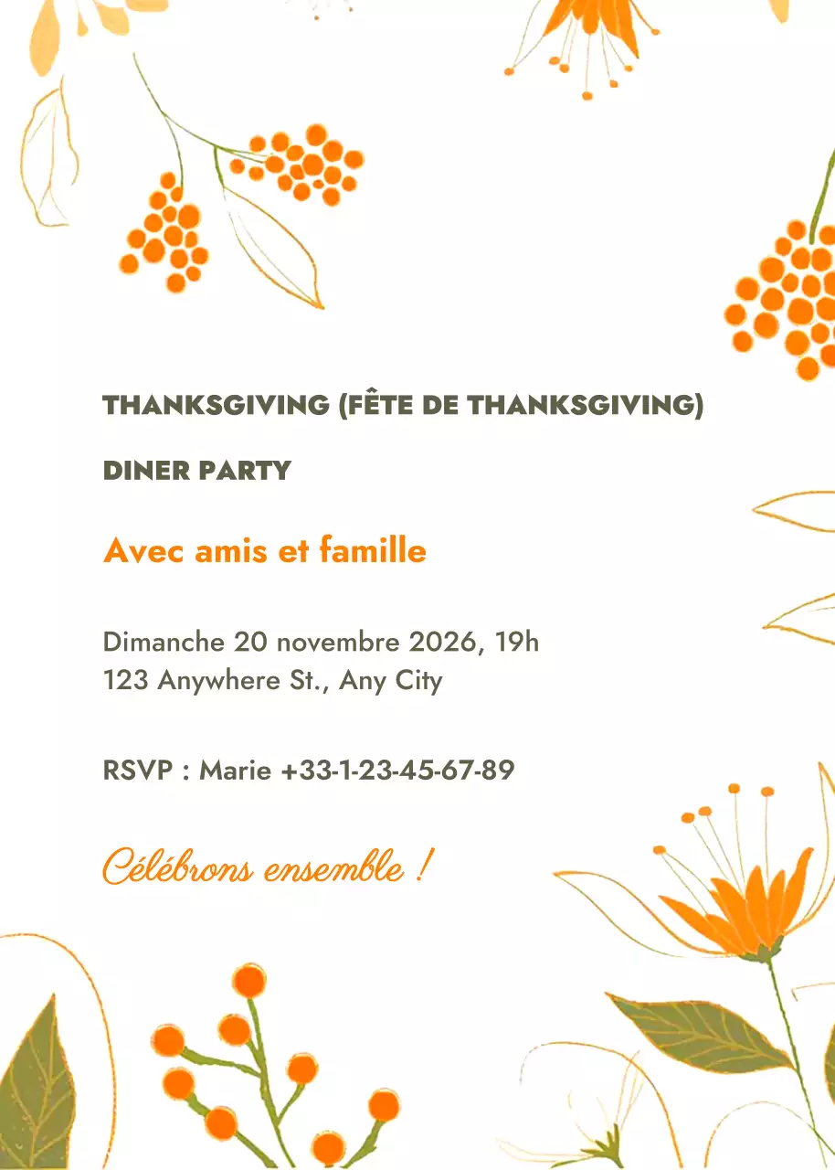 Invitation de Thanksgiving blanche, orange et florale