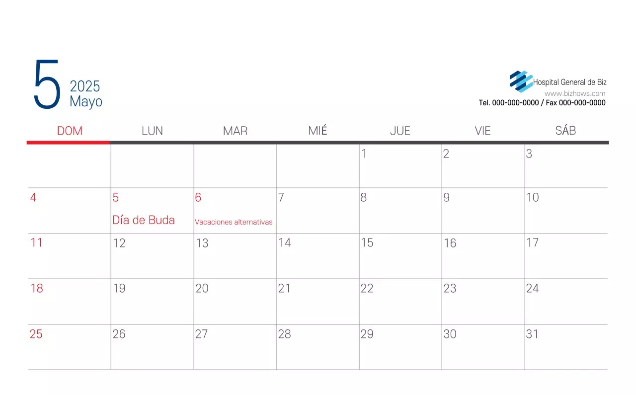 Calendario Promocional Hospital Navy White Simple