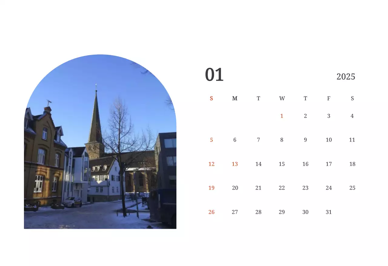 風景画の中の教会が際立つ写真コンセプトのカレンダー
