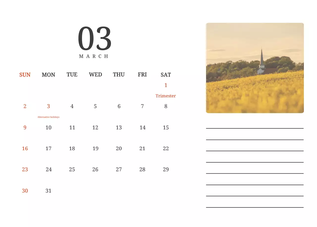 Kalender konsep fotografis yang menampilkan gereja dalam lukisan lanskap