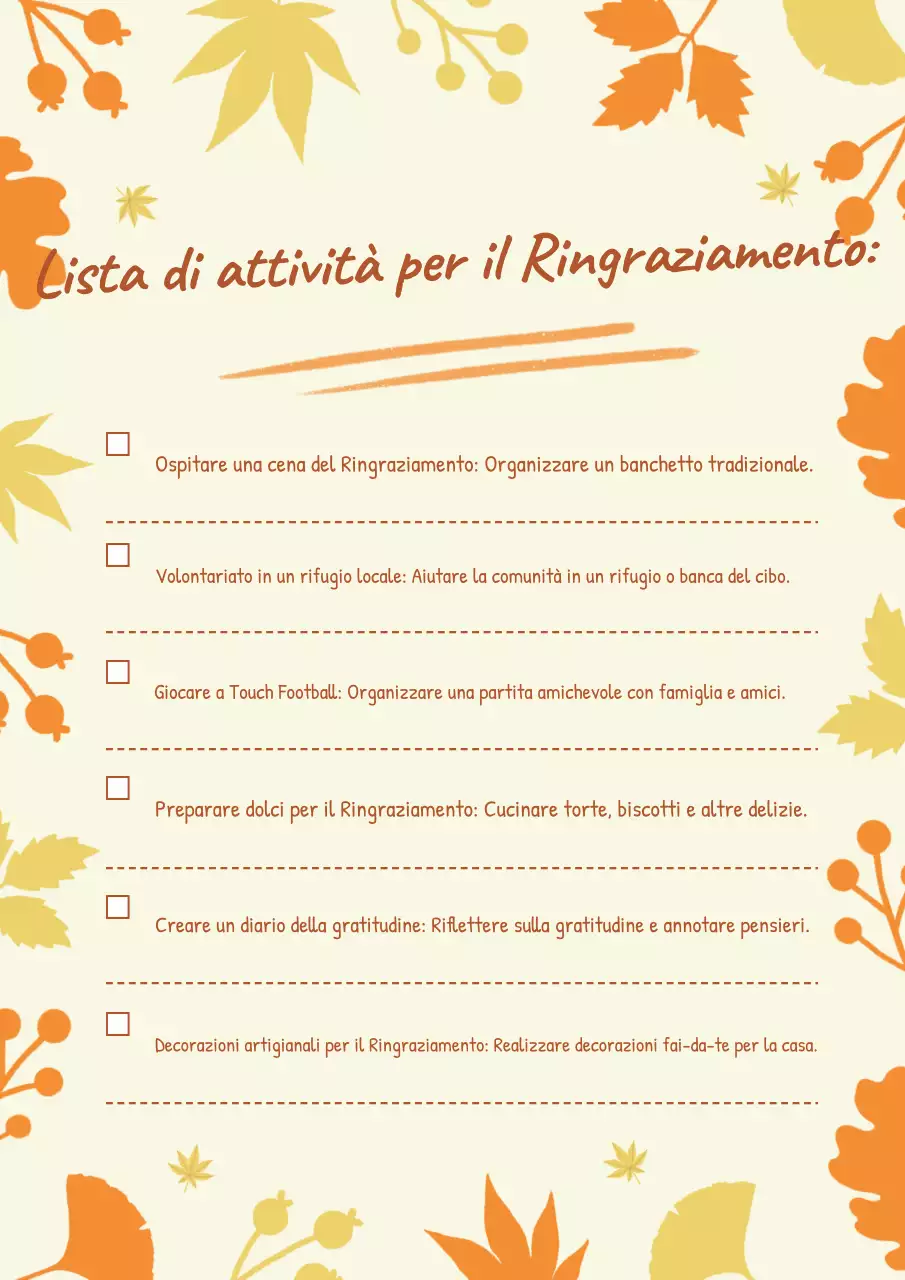 lista di attività tradizionali arancioni per il Ringraziamento