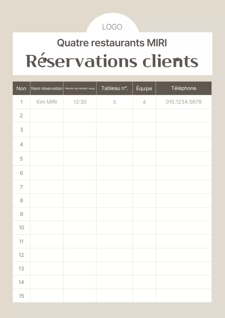 Guide de la table de réservation beige par défaut