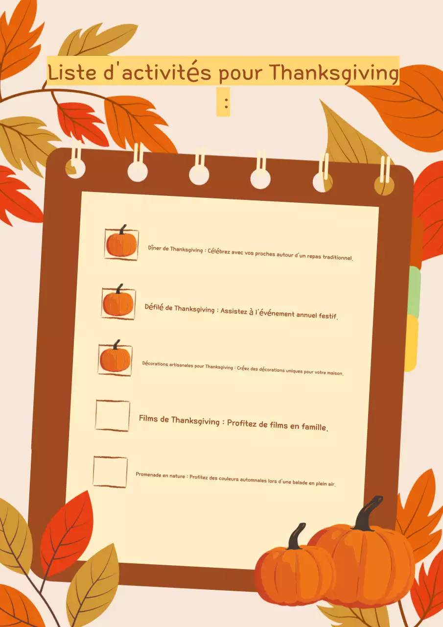 poster de la liste des activités de Thanksgiving