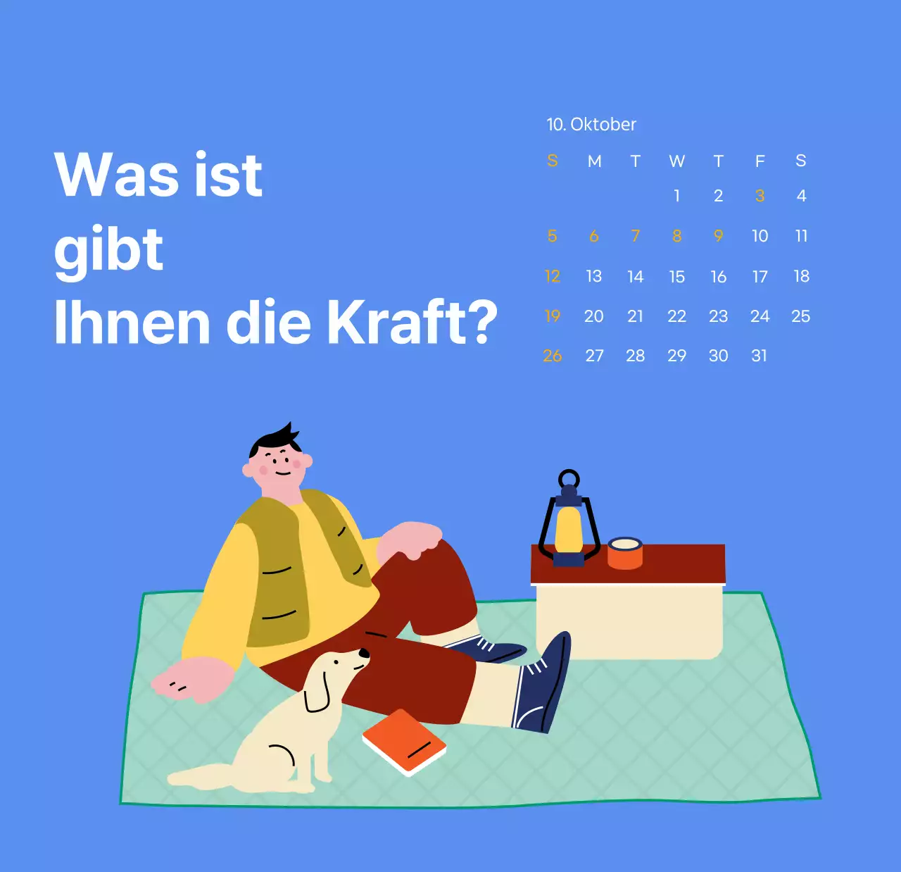 Motivationskalender mit energiegeladenen Illustrationen und positiven Zitaten auf hellblauem Hintergrund