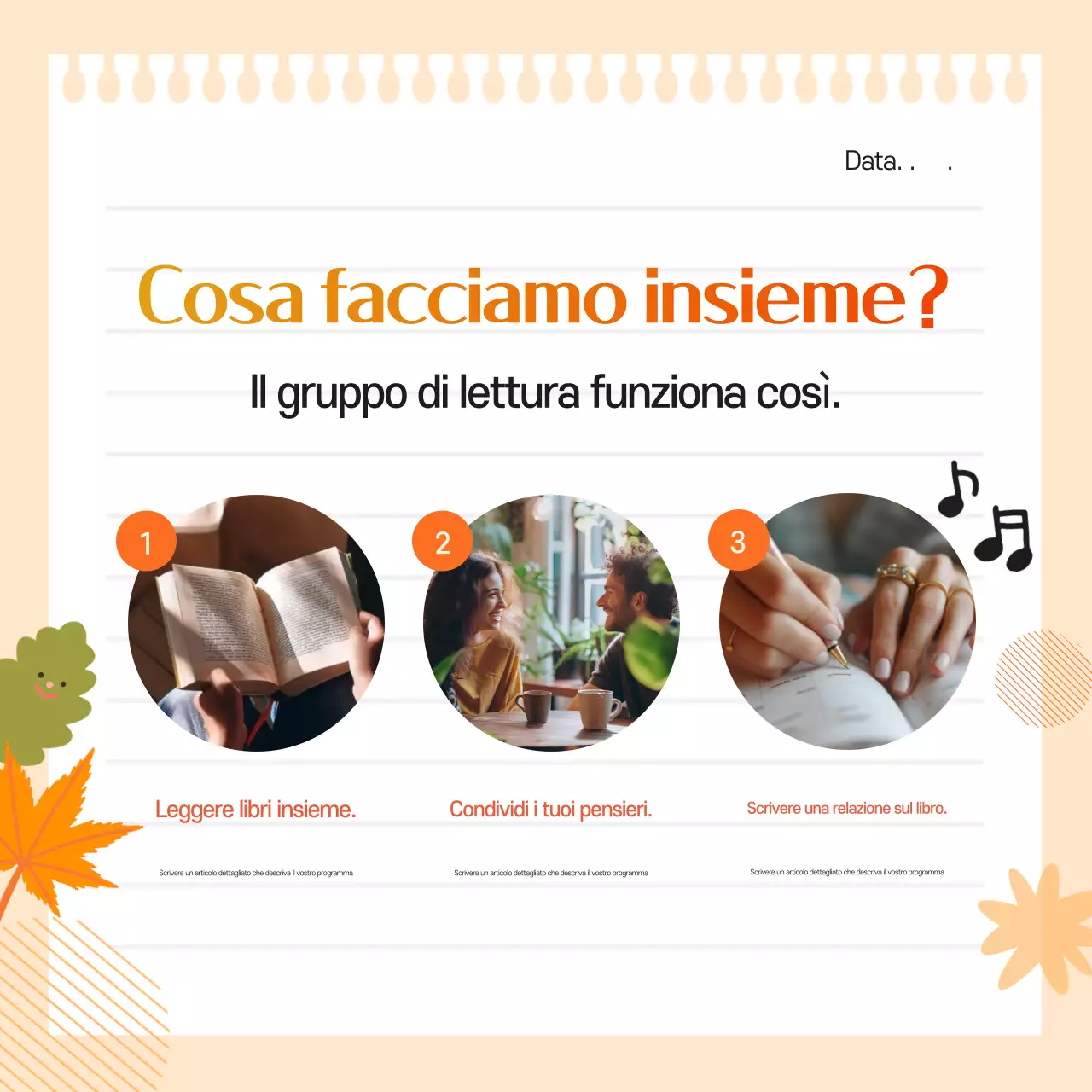 Un simpatico annuncio autunnale arancione e giallo per il reclutamento di un club del libro