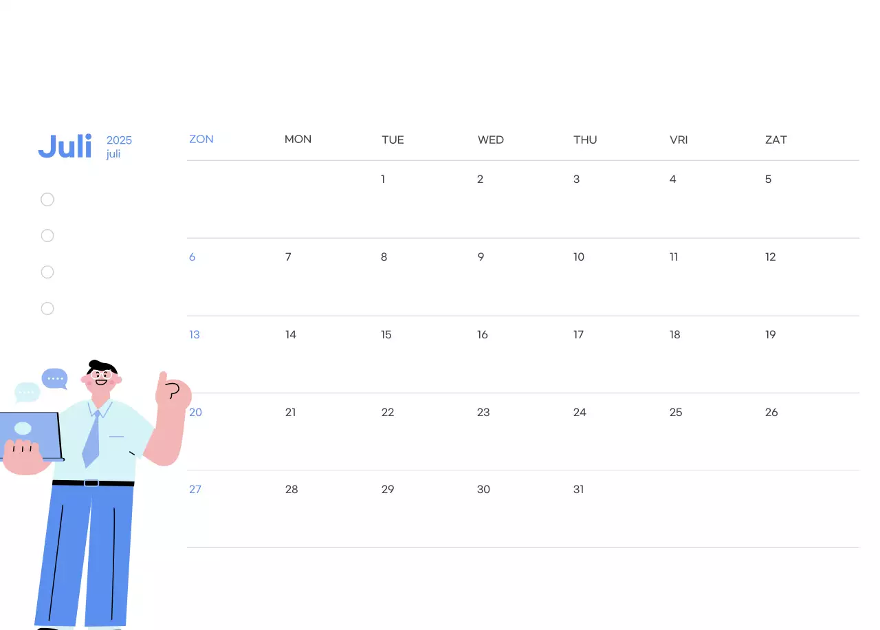 Motiverende kalender met energieke illustraties en positieve citaten op een lichtblauwe achtergrond