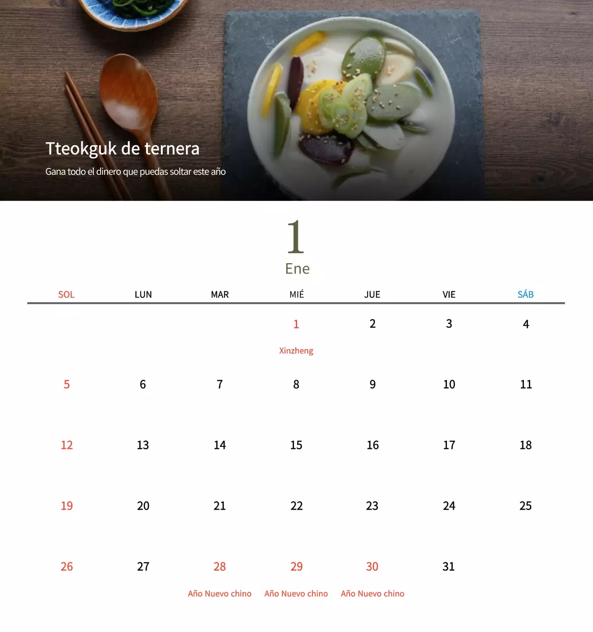 Calendario de comidas tradicionales en beige