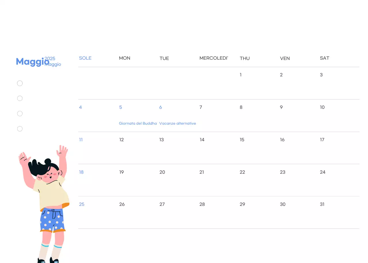 Calendario motivazionale con illustrazioni energetiche e citazioni positive su sfondo azzurro