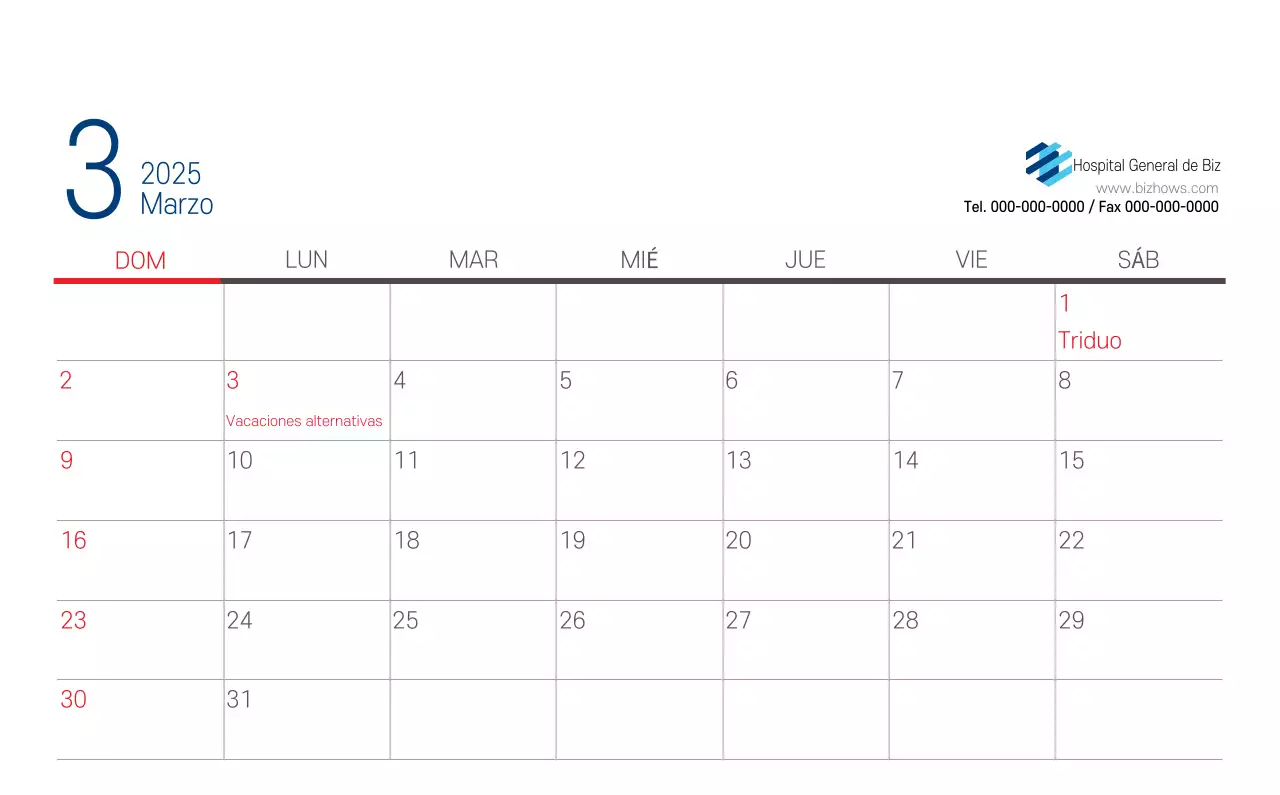 Calendario Promocional Hospital Navy White Simple