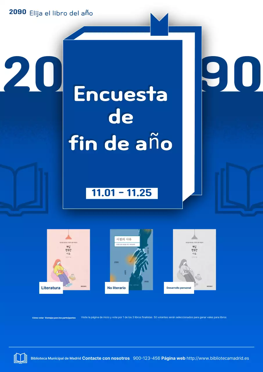 Un anuncio en blanco y azul de la votación del Libro del Año