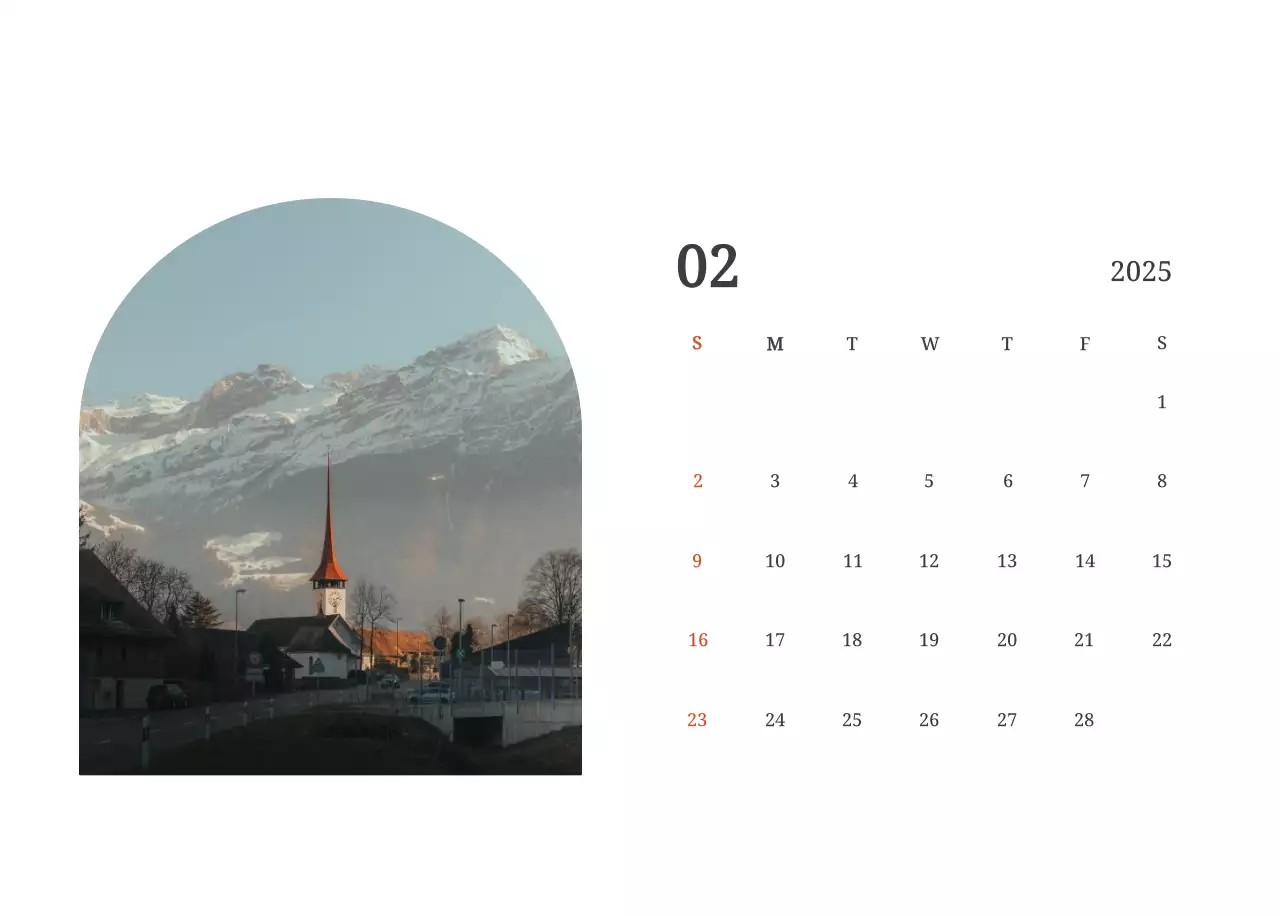 Un calendario fotografico con chiese in dipinti di paesaggio